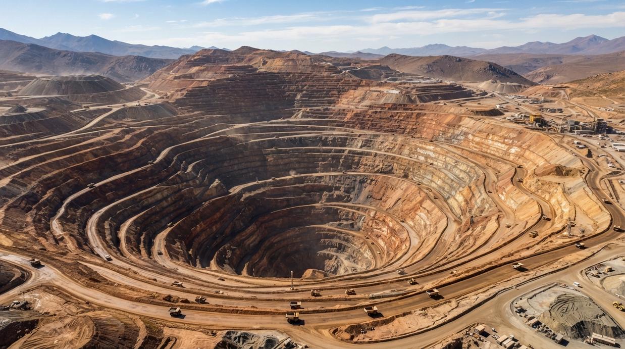 Glencore разместит акции в Австралии, рассчитывая на высокий спрос Воздушный вид на огромный карьер по добыче меди с террасами красно-коричневого цвета и работающей техникой.