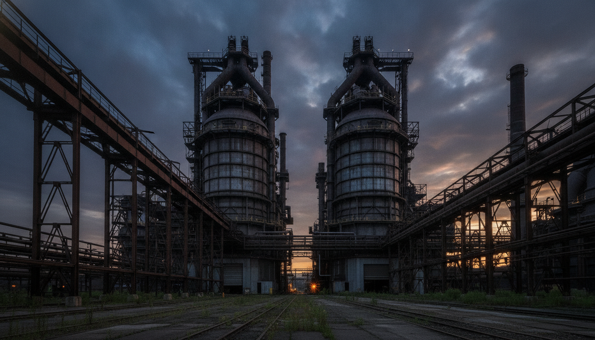 Worldsteel снизила прогноз по мировому спросу на сталь на 2026 год Крупный сталелитейный завод с доменными печами и трубопроводами на закате, вид без людей.