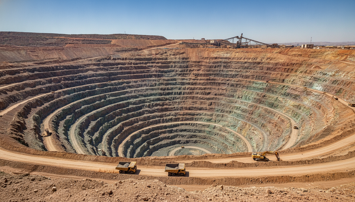 BHP сократила квартальную добычу меди на 19% из-за аварий Огромный карьер по добыче меди с террасными склонами, в котором работает тяжёлая горнодобывающая техника.