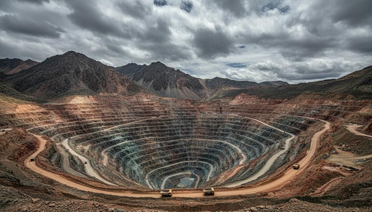 Freeport-McMoRan назвала сроки выхода рудника Grasberg на полную мощность Крупный карьер по добыче меди в скалистых горах, видны технологические дороги и техника на склонах.