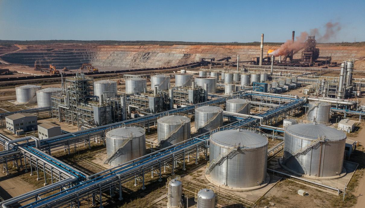Промышленный пейзаж с газоперерабатывающим заводом, серебристыми резервуарами для хранения газа и сетью трубопроводов.