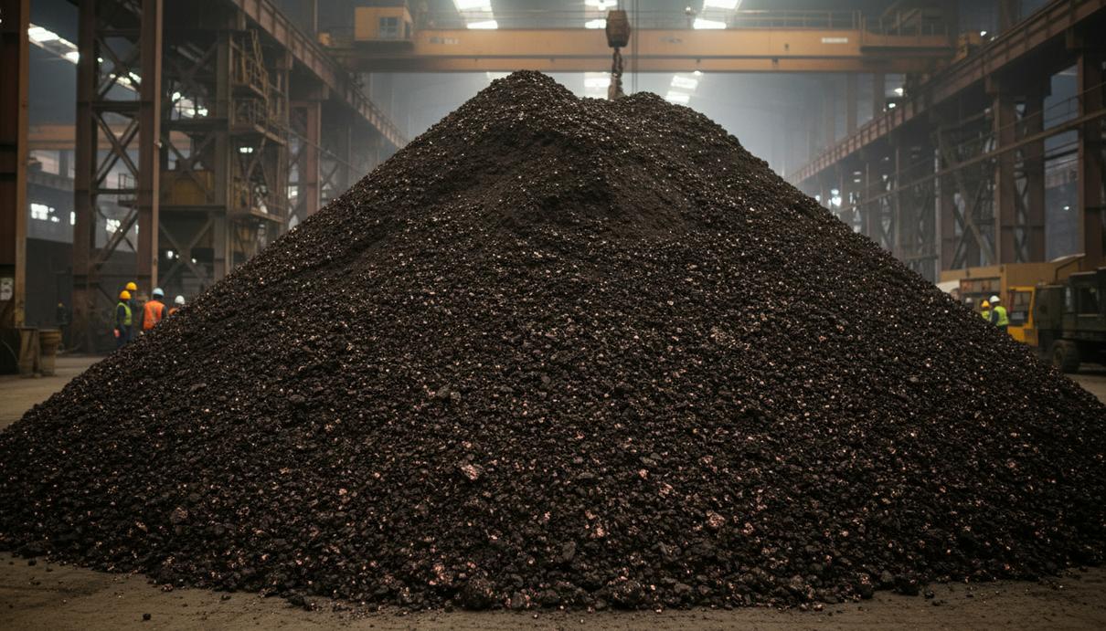 Южнокорейская LS MnM может сократить выпуск меди из-за дефицита сырья Огромная гора медного концентрата темного цвета с металлическим блеском на складе промышленного предприятия или в порту.