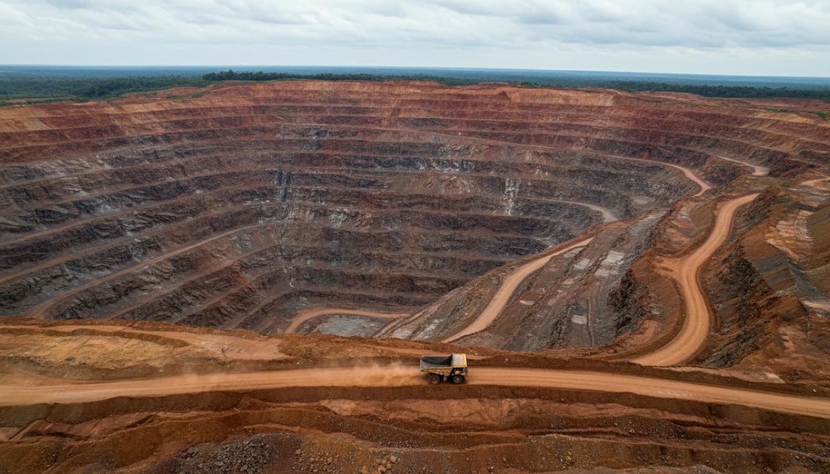 Anglo American пригрозила закрыть бизнес в Бразилии из-за позиции ЕС Большой карьер по добыче никеля в Бразилии, вид сверху. В кадре – террасные уступы рудника и карьерная техника на грунтовой дороге.